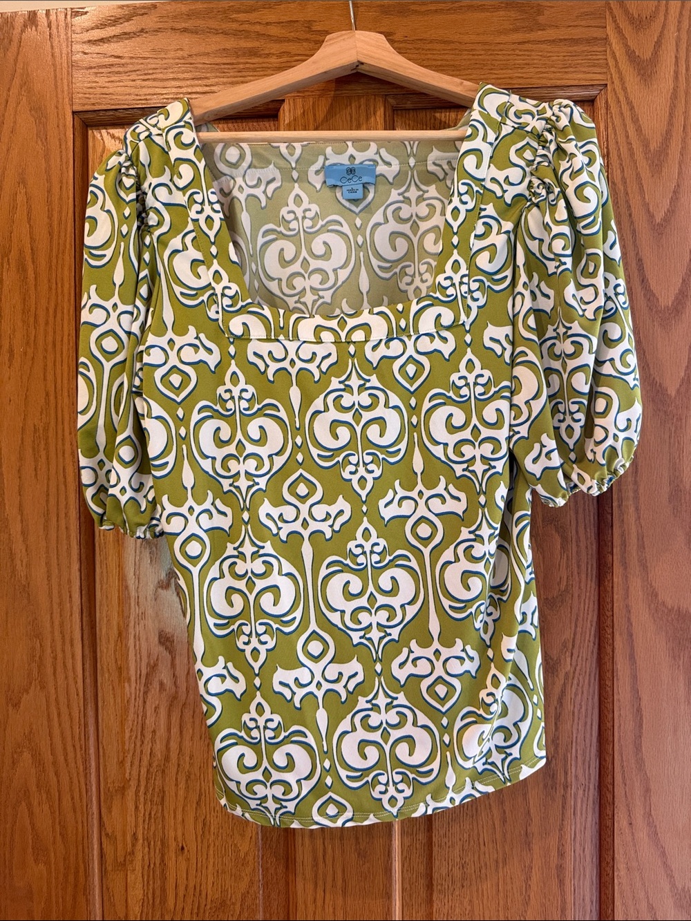 CeCe Olive Green and White Square-Neck Patterned Blouse